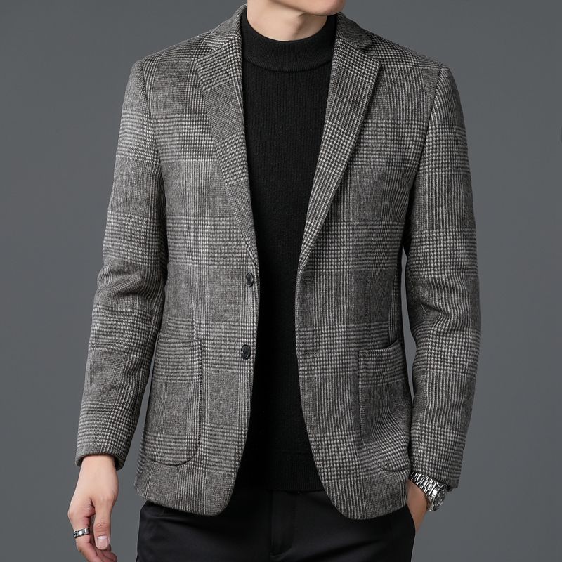 Mens checkered wool blend two button blazer in grey, glen check fabric close up