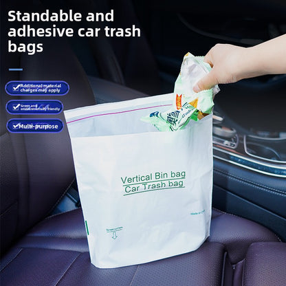 White self-standing car trash bag on a leather seat with a hand dropping a wrapper in, standable adhesive text