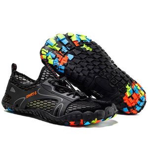 Five finger water sports shoe shown from the side with a bungee toggle lace