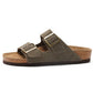 top view of a army green cork sandal with two adjustable pin buckles