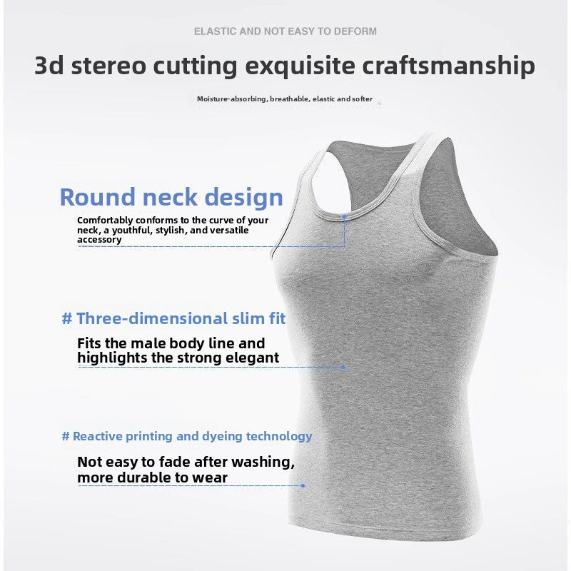 Men's white cotton sleeveless vest with a round neck on a plain background