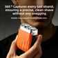 Man holding an orange mini electric shaver near his chin, with text on two floating blade heads