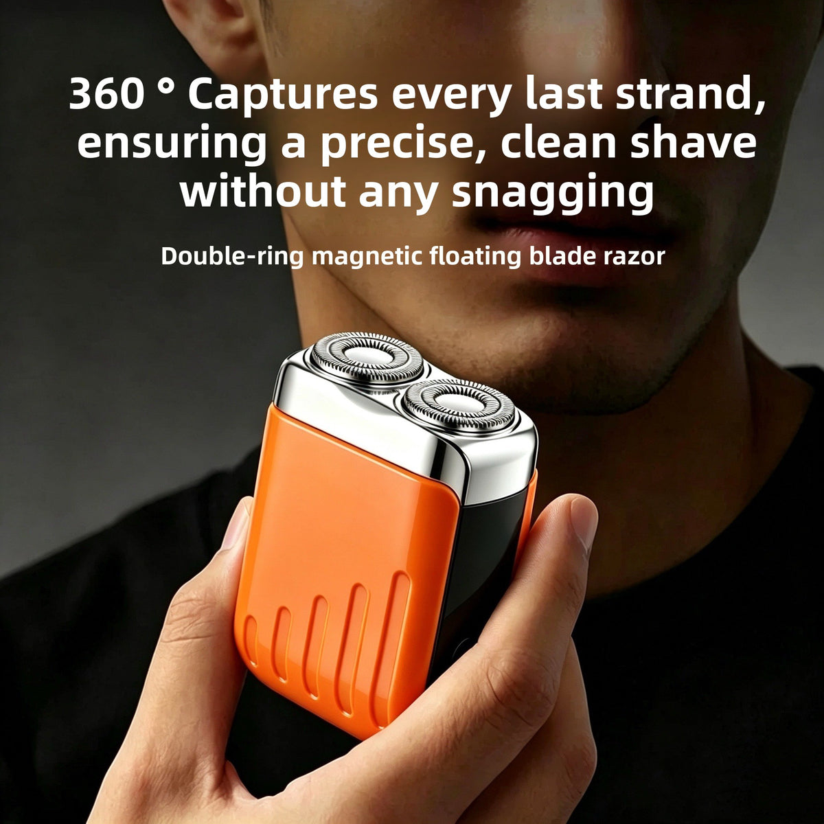 Man holding an orange mini electric shaver near his chin, with text on two floating blade heads