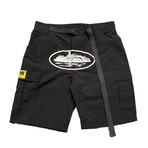 Black mens cargo shorts front with white oval island print and a webbing belt tail hanging