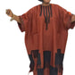 Orange red boubou kaftan dress with beaded tassel placket and fringed hem on a plain white background