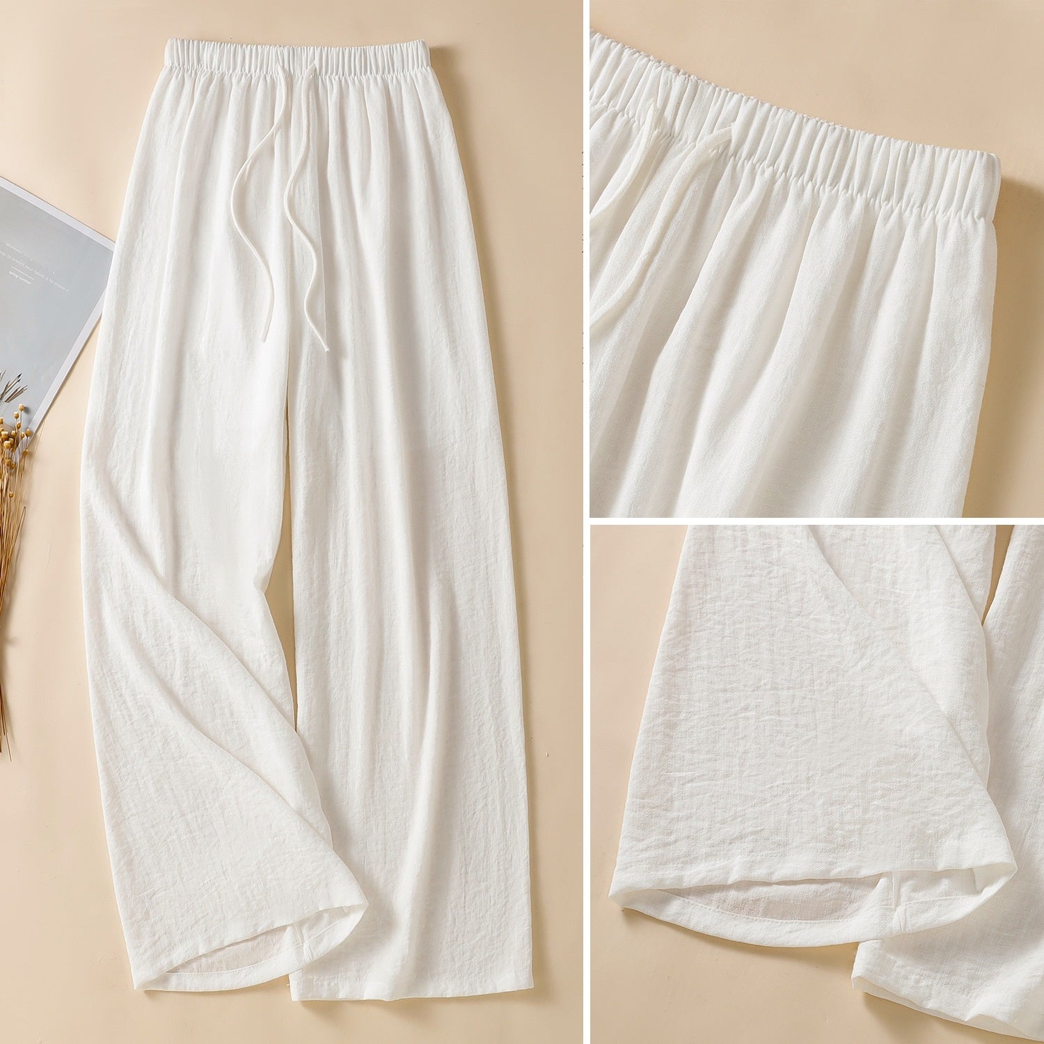 White wide leg linen trousers with close up of elastic drawstring waistband