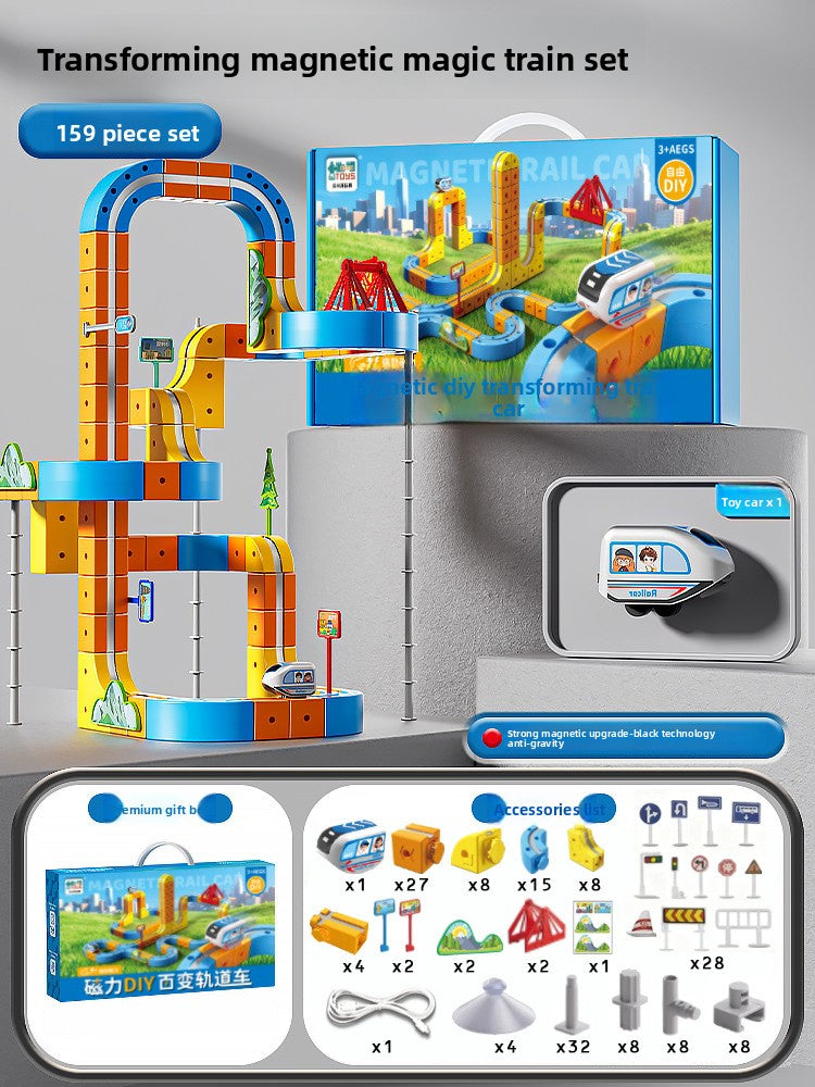 One hundred fifty nine piece magnetic track set built tall with box, railcar and accessory parts