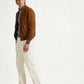 Brown vegan suede zip bomber jacket with a tartan cotton lining