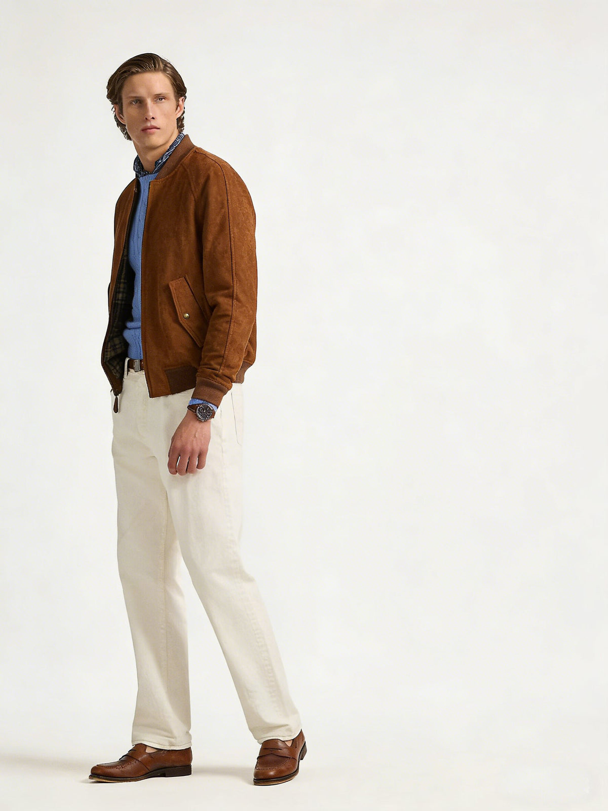 Brown vegan suede zip bomber jacket with a tartan cotton lining