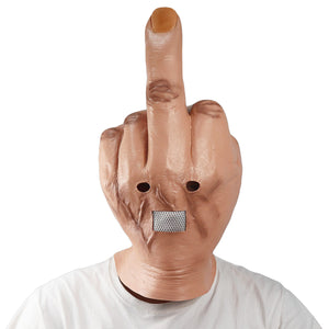 Person wearing a skin-toned latex mask shaped like a fist with the middle finger raised, front view, white tee