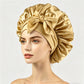 Adjustable satin bonnet with tie straps, worn to protect hair overnight