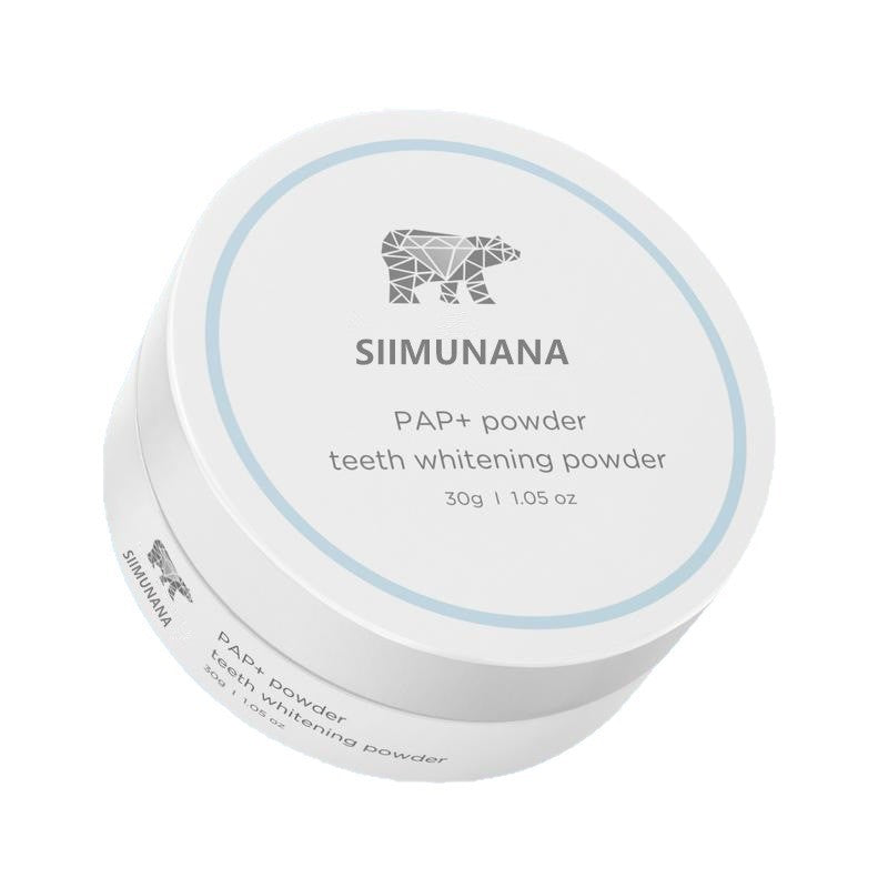 Closed white SIIMUNANA PAP+ powder tub, 30g 1.05 oz, with pale blue ring and polar bear logo on a white background