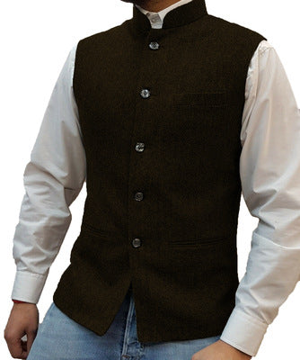 Coffee Brown herringbone stand collar vest over a white shirt, size L