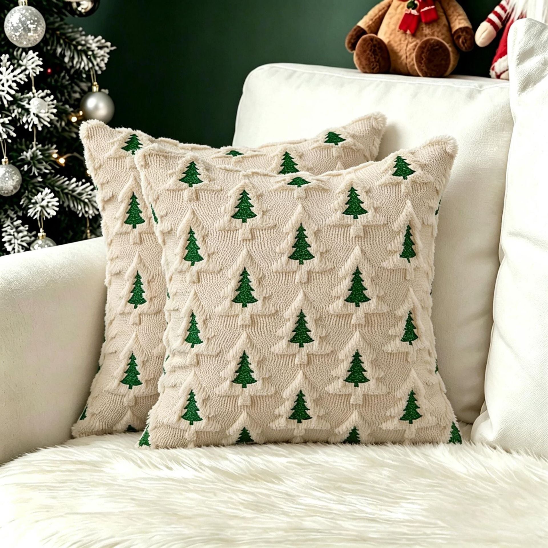 Plush carved cushion cover with green Christmas trees carved into a cream plush face