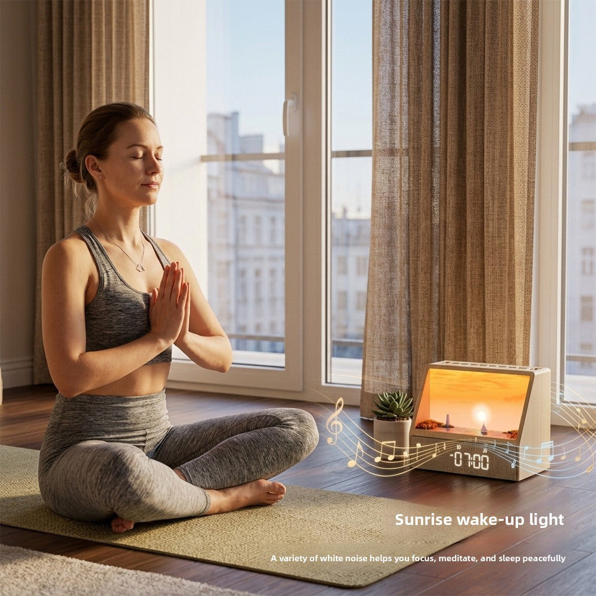 Wake up light alarm clock on a bedroom floor beside a woman with Bluetooth music notes