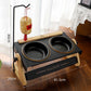 Black double pet bowl stand with two black bowls and a 40 cm hanging rod with a woven lantern, Black with Hanging Rod option