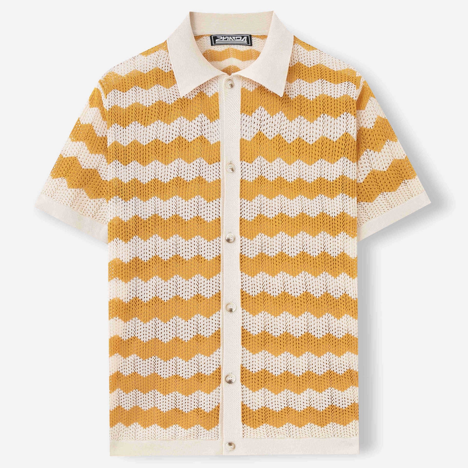 Flat lay of yellow and cream chevron ripple knit polo shirt with full button front
