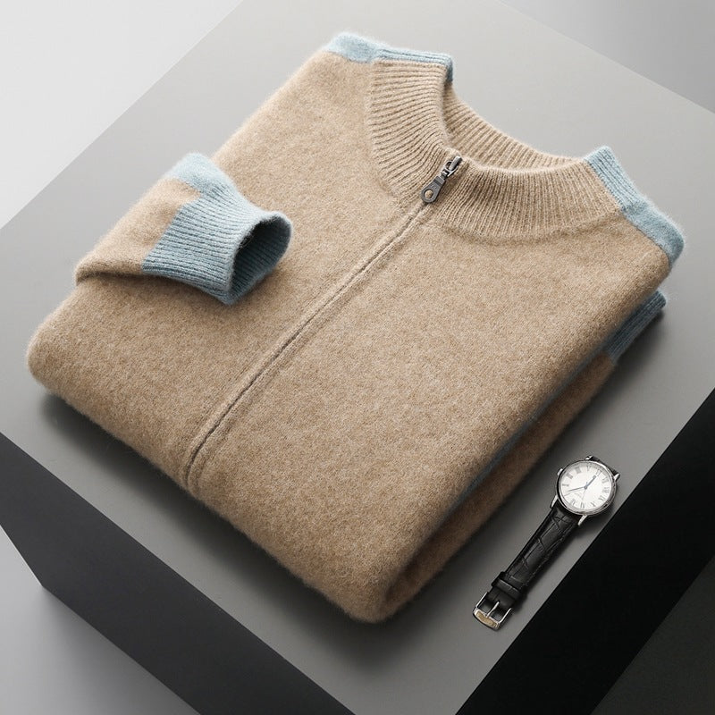 Folded camel wool zip cardigan with light blue cuff and a watch on a dark surface, Purple Velvet option, size M