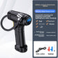 Handheld tire inflator held in one hand showing the compact gun shaped black body