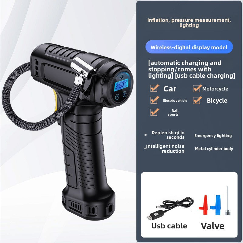 Handheld tire inflator held in one hand showing the compact gun shaped black body