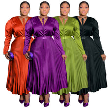 Womens Plus Size Long Sleeve Tie Neck Pleated Maxi Dress with Belt
