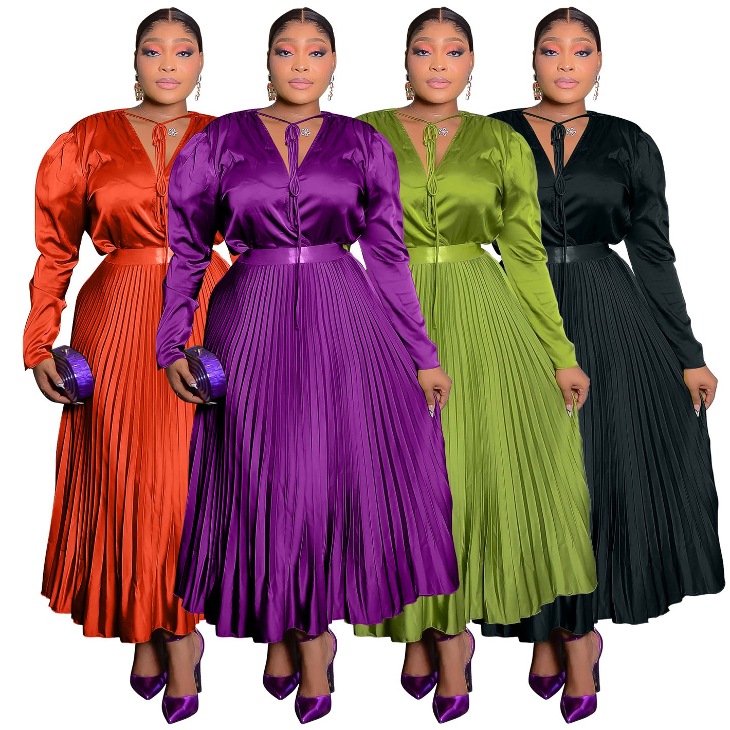 Four pleated maxi dresses with belts lined up in orange, purple, olive green and black