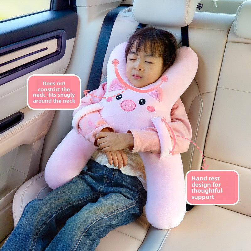Animal shaped plush car headrest nap pillow shown on a car seat