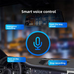 Mirror dash cam panel with voice command labels over a dark car interior and a mirror screen
