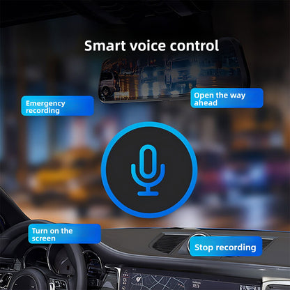 Mirror dash cam panel with voice command labels over a dark car interior and a mirror screen