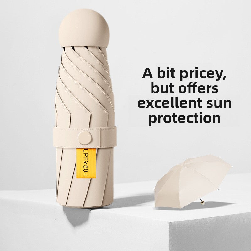 Reverse folding umbrella for sun and rain shown inverted for dripless closing