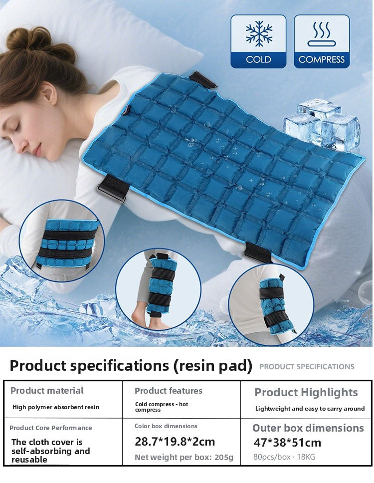 Blue quilted wrap on a woman lying on her side with cold and compress icons and ice cubes, plus the pad specifications