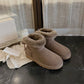 Taupe ankle boots with folded shearling cuffs on a dark floor, Taupe Double Layer Ribbon option, size 37