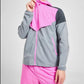 Green colour block hooded sports jacket zipped up showing the high collar and hood