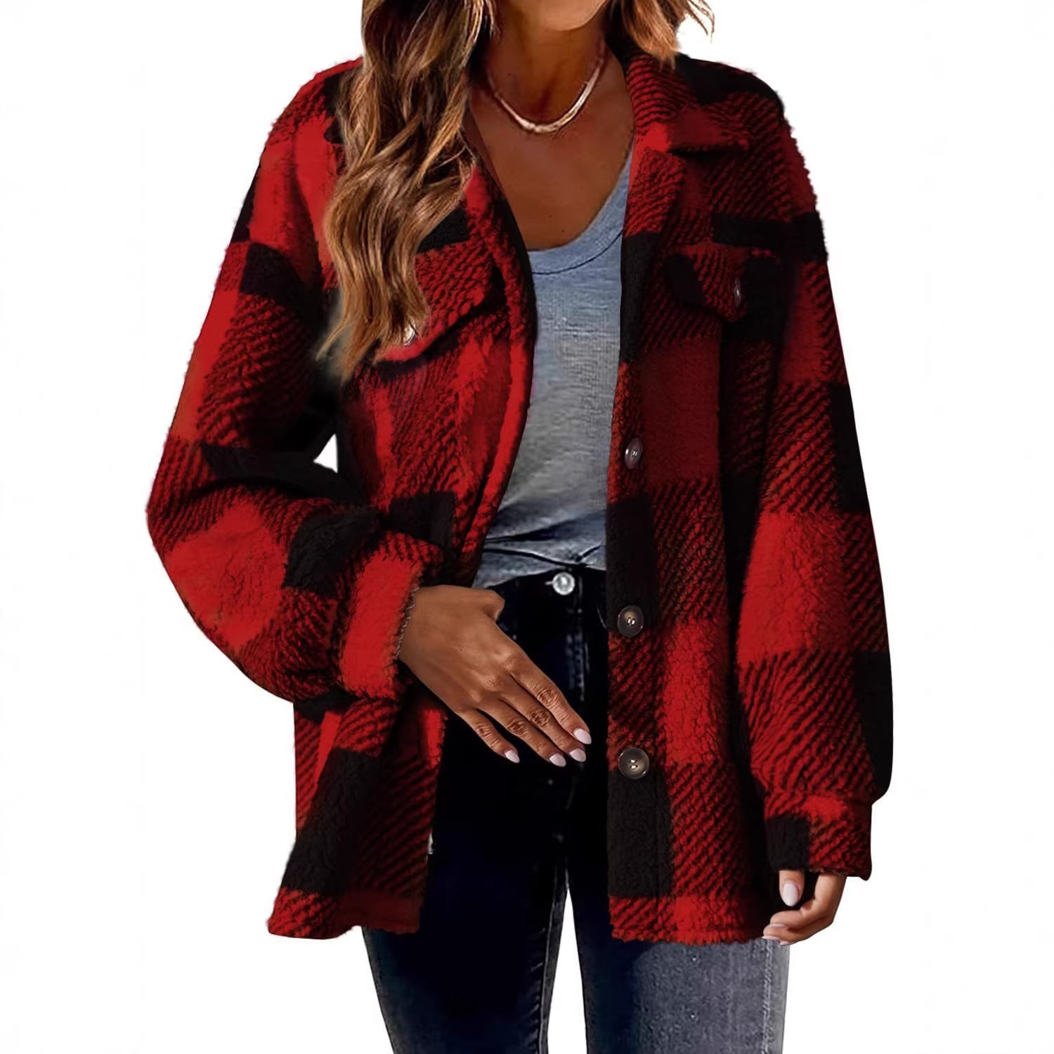 Womens sherpa fleece shacket, close plaid check pattern across the body and sleeves