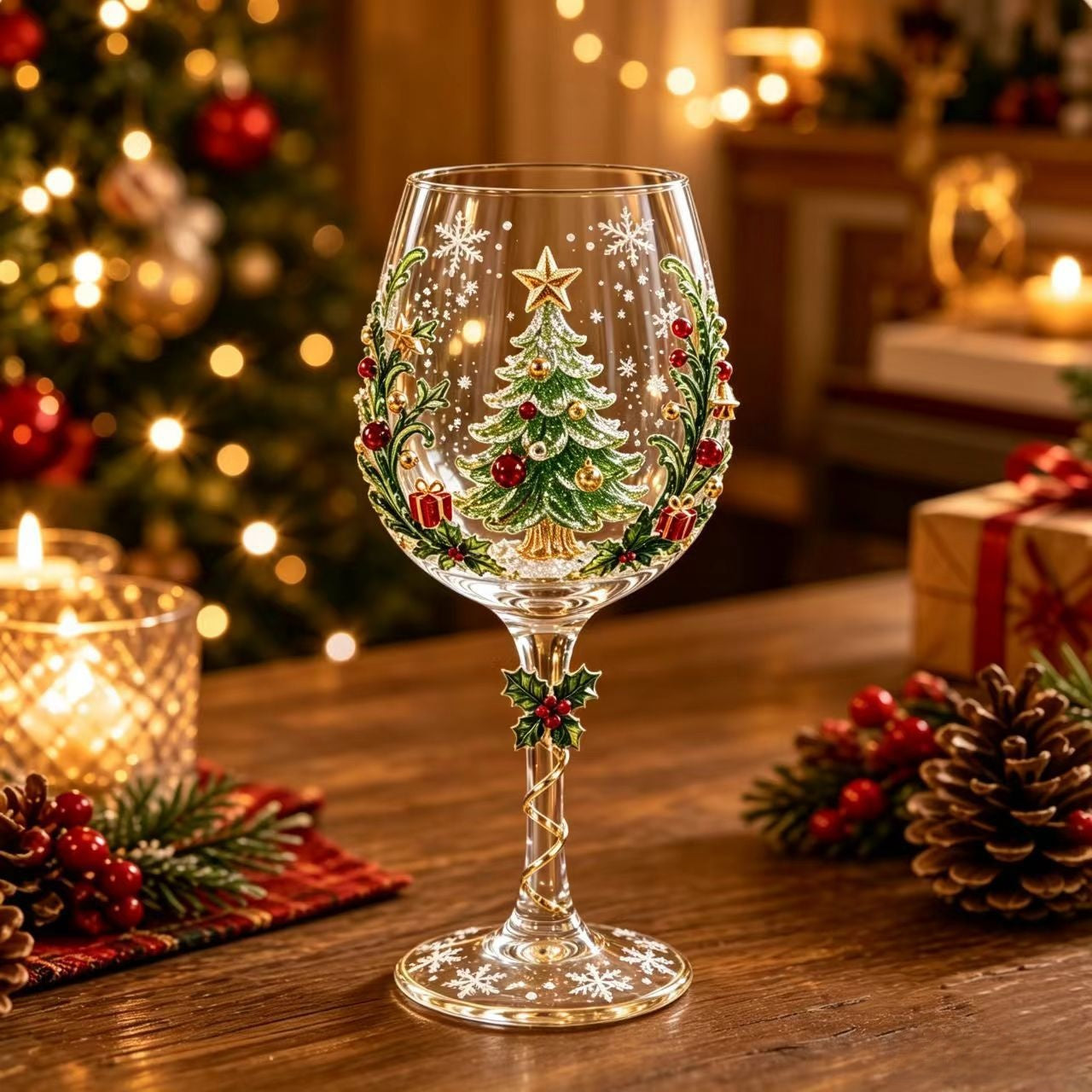 Clear wine goblet with a painted Christmas tree and holly design on the bowl