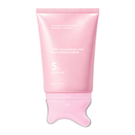 Pink squeeze tube of PDRN collagen neck cream standing on its moulded gua sha applicator cap