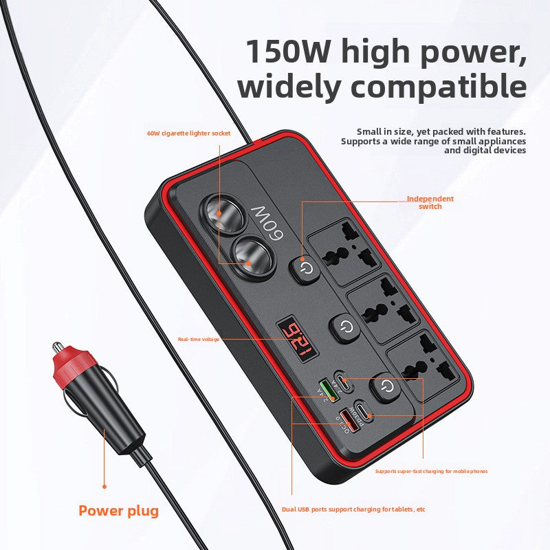 Car power inverter with labeled lighter sockets, switches, voltage display, USB ports and power plug on white