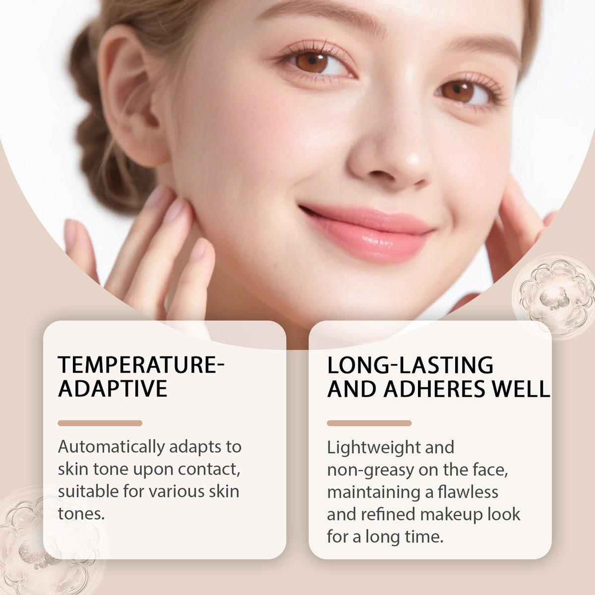 Smiling woman touching her cheek beside panels on a temperature adaptive, long lasting foundation