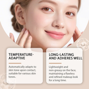 Smiling woman touching her cheek beside panels on a temperature adaptive, long lasting foundation