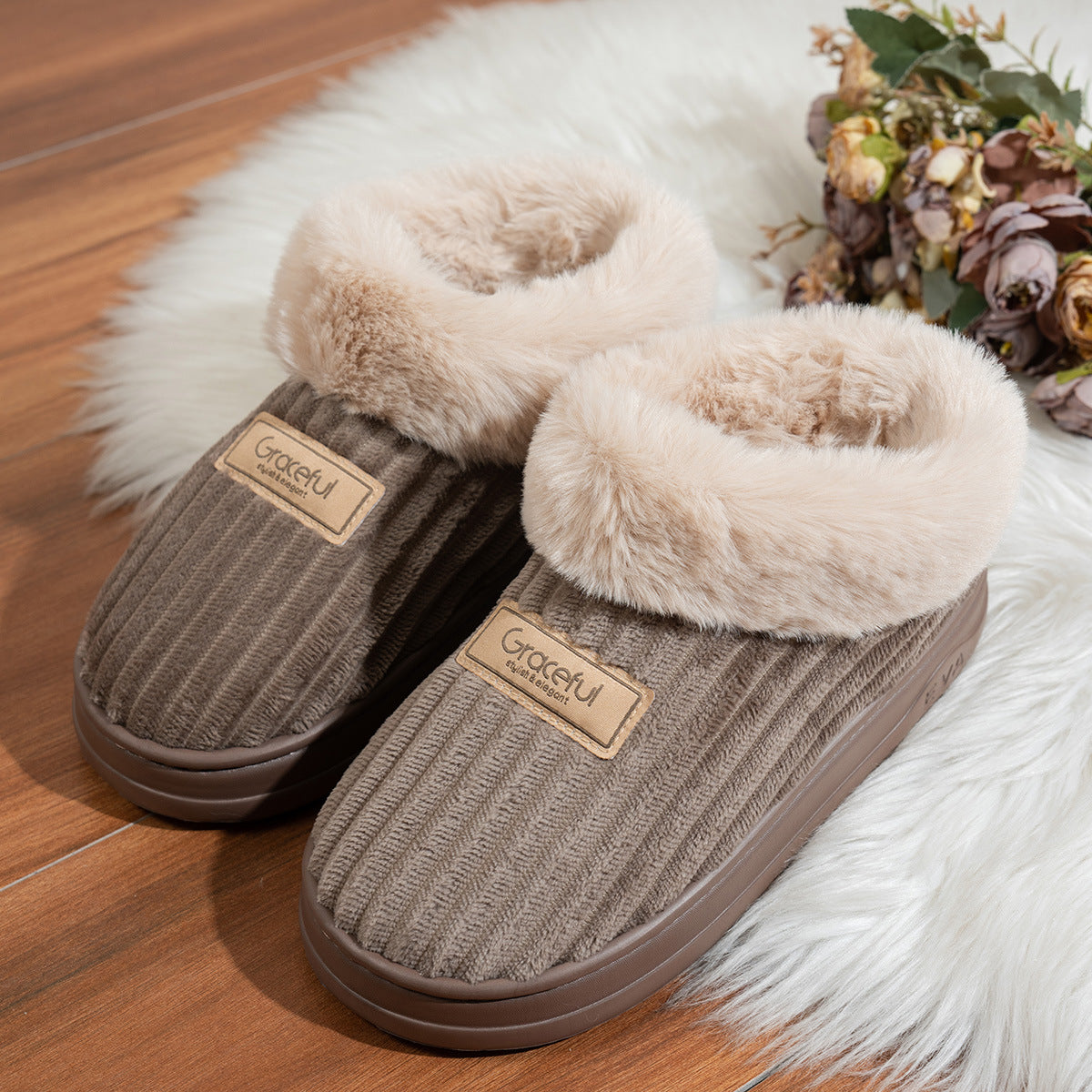 Plush collared house slipper with ribbed velvet upper and cushioned faux fur insole