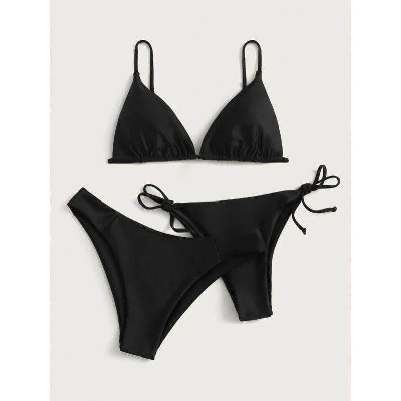 Women's Solid Color Bikini Three-Piece Swimsuit | top down arrangement layout