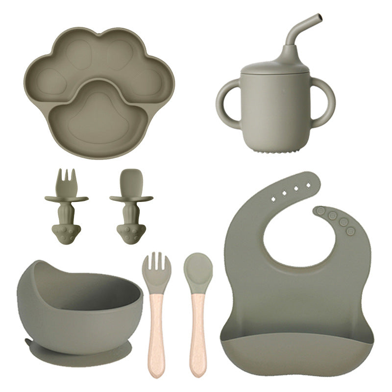 Army green 8-piece set 2 with a paw plate, a cup with a straw, a bowl, utensils and a bib