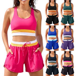 Womens color block two piece swim set with racerback tank top and drawstring shorts in seven colorways