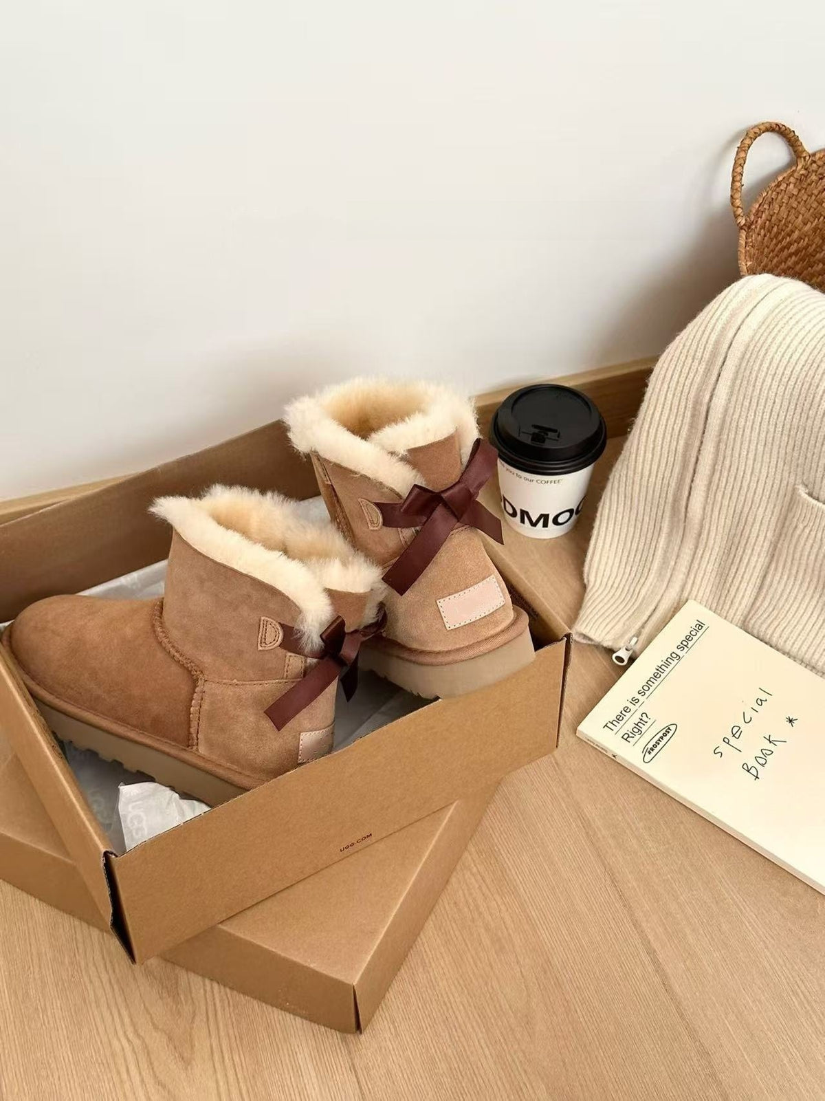 Chestnut ankle boots with shearling cuffs and brown ribbon bows in a box, Chestnut Thin Sole option, size 39