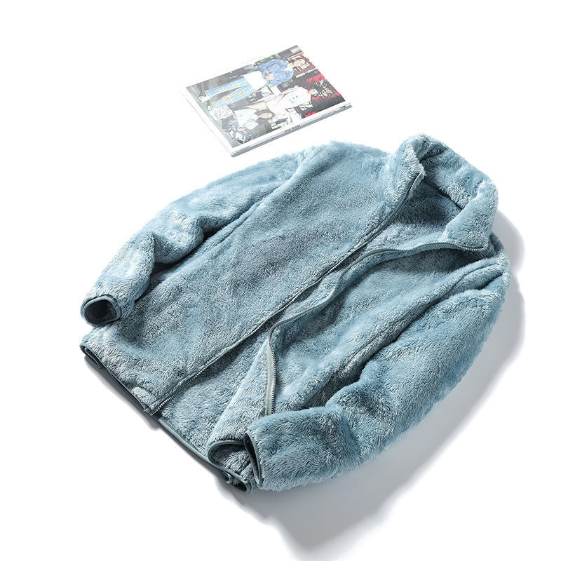 Loose fit plush fleece jacket with a full length zip and stand collar folded to show the nap