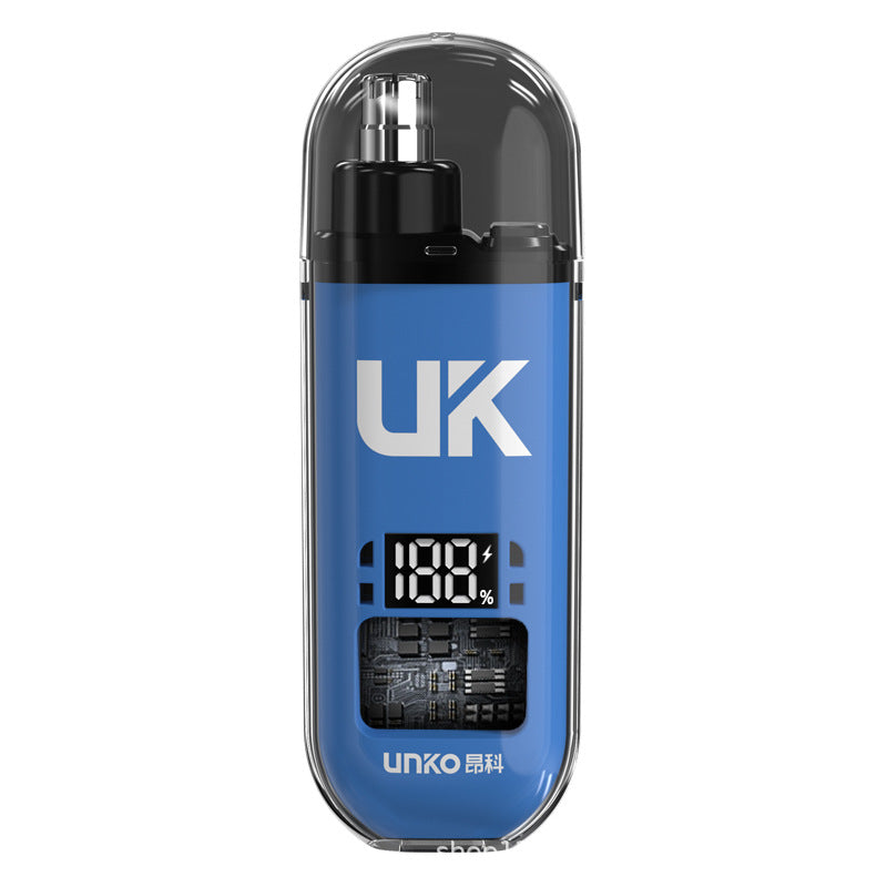Blue nose hair trimmer of the second model, with a window over the internal board