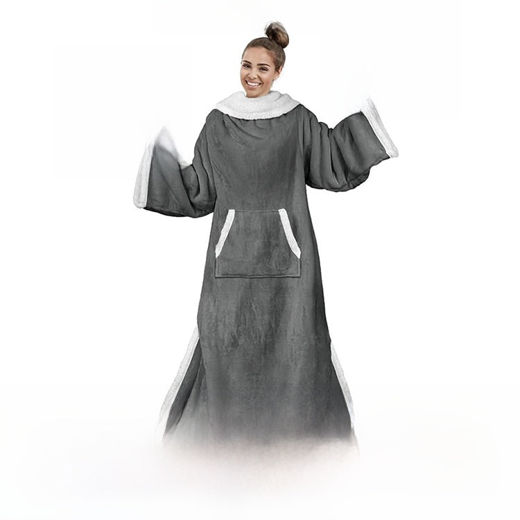 Woman in a gray sleeved blanket with white sherpa trim and a front kangaroo pocket on a white background