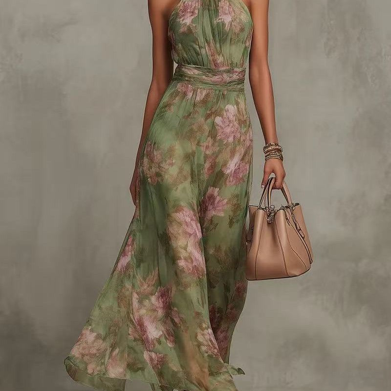 Green slimming dress styled with neutral heels for a day to evening look