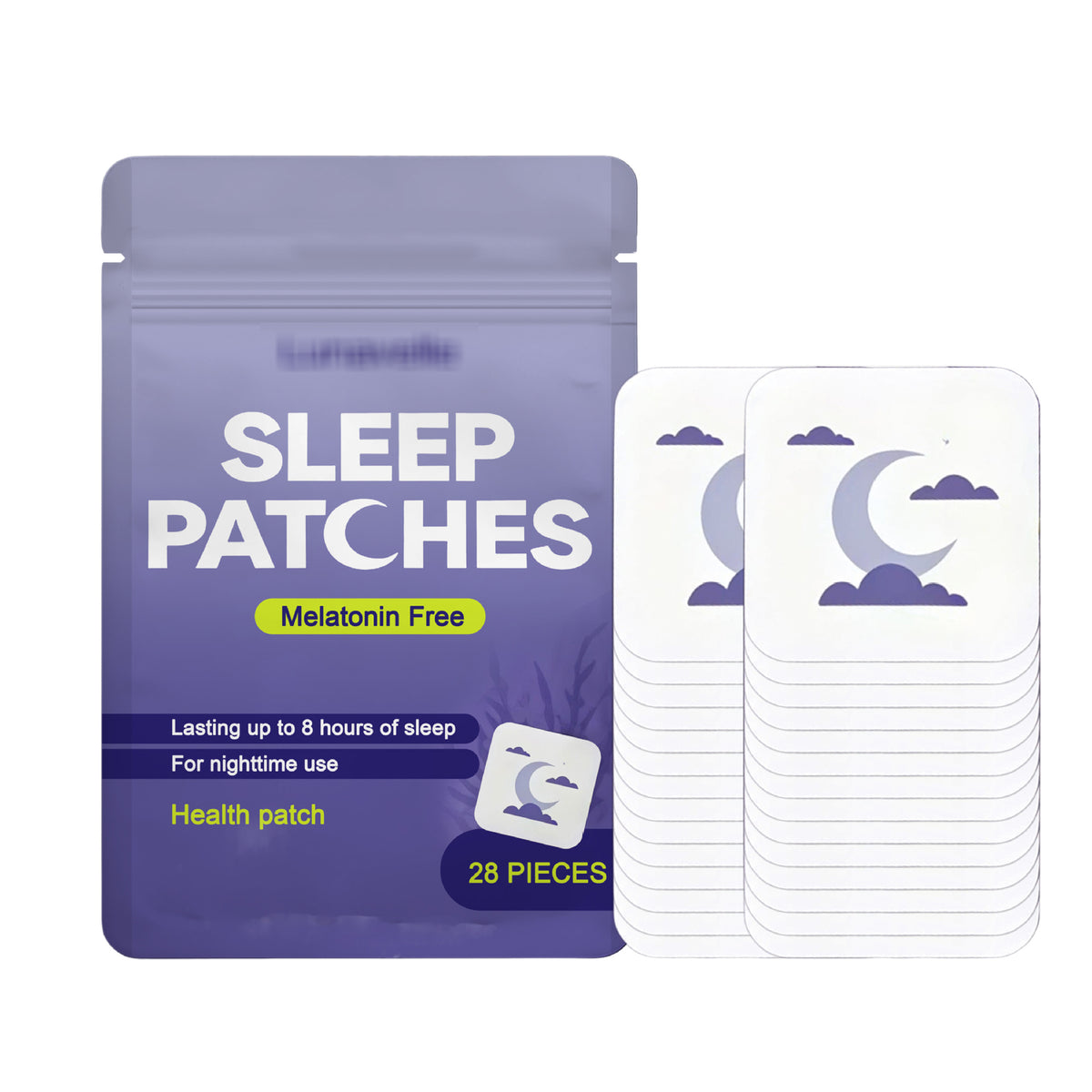 Lunavelle melatonin free adhesive sleep patches shown with the pack and wrapped patches
