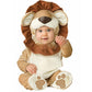 Baby in a tan lion costume with a brown mane hood and paw pads, Lion with Brown Mane option, 90cm size